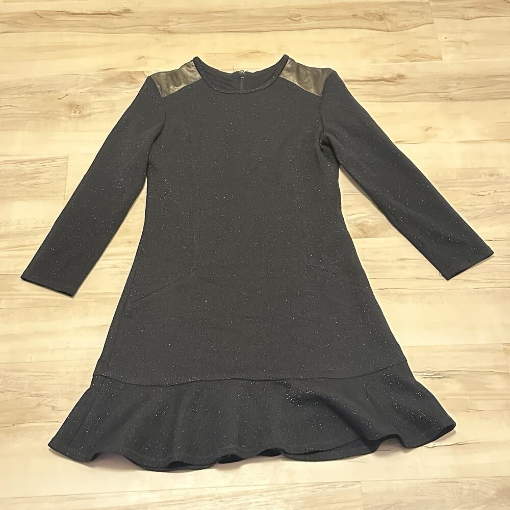 Sandro Black Metallic Wool Blend Ruffle Hem Mini Dress Size 3 US 8 LBD Pockets